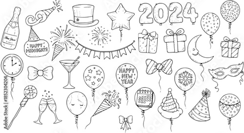 New Year's Eve Celebration Doodles Set. Hand-drawn black and white line art collection of party elements including 2024 balloons, hats, champagne, gifts, fireworks