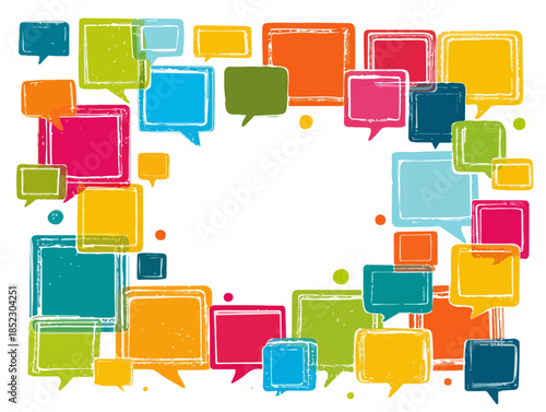 Marco de burbujas de diálogo coloridas y vibrantes sobre fondo blanco, ideal para mensajes y comunicación.