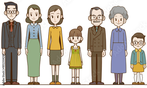 Ilustración de familia multigeneracional japonesa, incluyendo abuelos, padres e hijos, con fondo transparente.