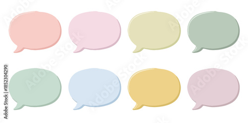 Ocho burbujas de diálogo ovaladas en tonos pastel suaves con fondo transparente, ideales para texto.