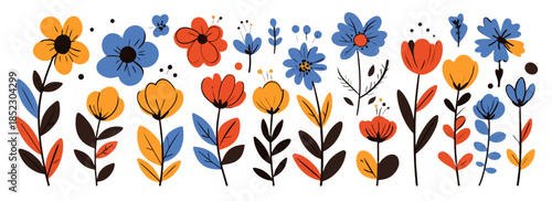 Conjunto de ilustración vectorial de flores silvestres estilizadas en colores vibrantes sobre fondo blanco