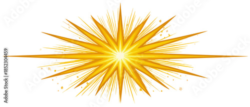 Destello dorado brillante con rayos largos y puntas afiladas sobre fondo blanco transparente.
