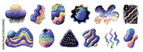Colección de formas abstractas orgánicas con texturas coloridas y degradados cósmicos sobre fondo blanco.