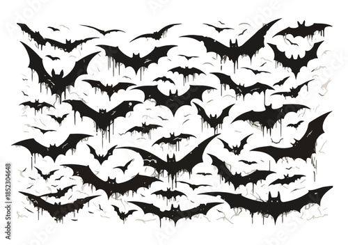 Vuelo de siluetas de murciélagos negros goteando, diseño gótico y festivo de Halloween con fondo transparente.