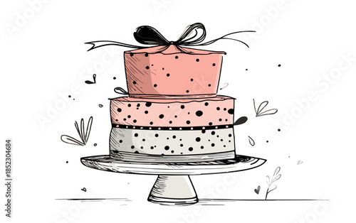 Pastel de celebración dibujado a mano con dos pisos, lazo decorativo y fondo transparente para eventos.
