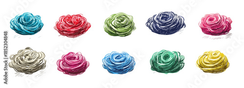 Colección de diez flores de tela o cintas rizadas en vibrantes colores aisladas sobre fondo blanco.