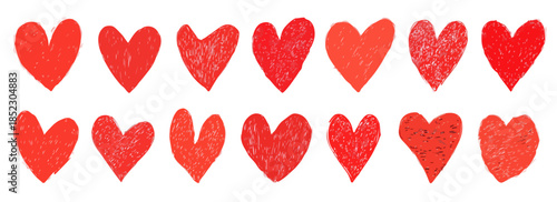 Colección de corazones rojos dibujados a mano con textura, ideales para San Valentín o amor.