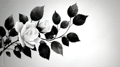 Black and white artistic depiction of roses and leaves on a branch.