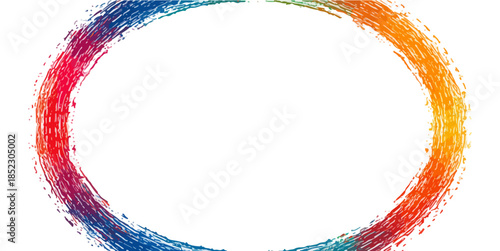Marco oval abstracto de pinceladas vibrantes y multicolor con espacio central transparente para diseño.