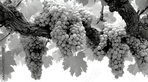 Grapevines bearing clusters of grapes hanging from thick branches.