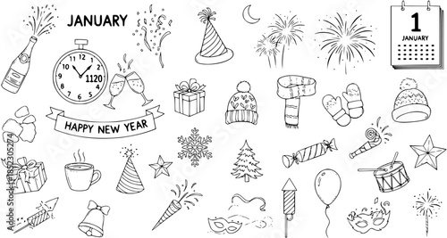 New Year's Celebration Icons - Black and White Line Art - January Calendar, Clock, Champagne, Fireworks, Gifts, Party Hats