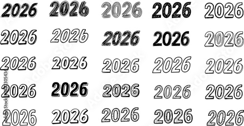 Black and White Line Art Collection of "2026" Year Number in Various Styles