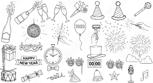 New Year's Eve and Party Celebration Elements Hand Drawn Black and White Line Art Collection. Outline Holiday Icons and Symbols for Festive Designs.