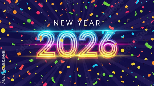 Vibrant new year 2026 celebration background with colorful confetti and neon lights