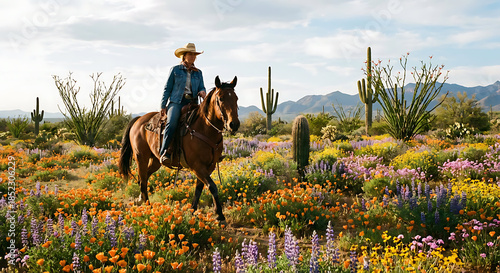 a person wearing a cowboy hat rides a brown horse through a vibrant desert field of colorful flowers and cacti under a cloudy sky with mountains