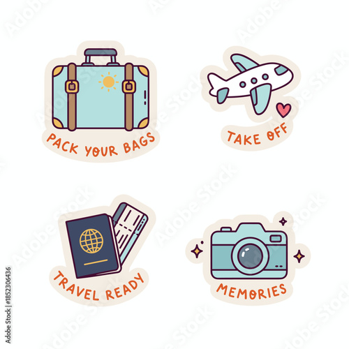 Charming Travel Stickers - Suitcase, Airplane, Passport, and Camera.