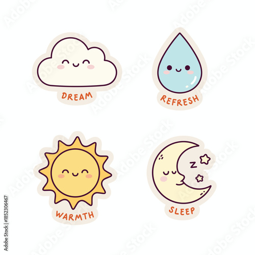 Cute Weather Icons - Dream, Refresh, Warmth, and Sleep Illustrations.