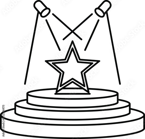 A black and white line art illustration of a star award on a tiered pedestal illuminated by two spotlights.