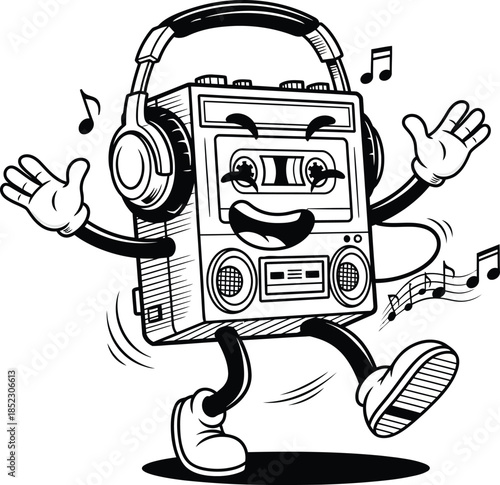 A joyful retro cartoon cassette player character with headphones dancing and grooving to music.