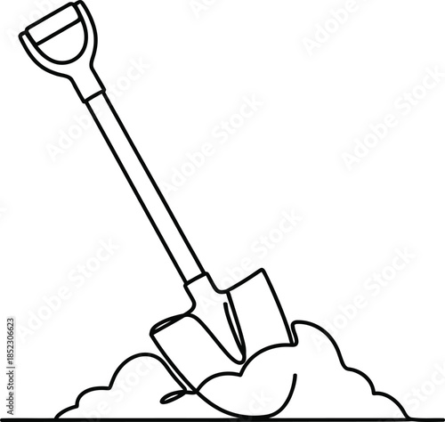 A minimalist single line drawing of a garden shovel with a Dhandle stuck in a mound of dirt.