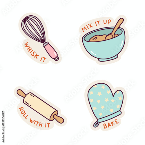Baking Stickers - Whisk, Bowl, Rolling Pin, and Oven Mitt.
