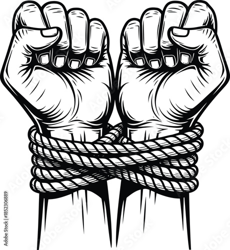 A powerful black and white illustration of two clenched fists tightly bound at the wrists with a thick twisted rope.