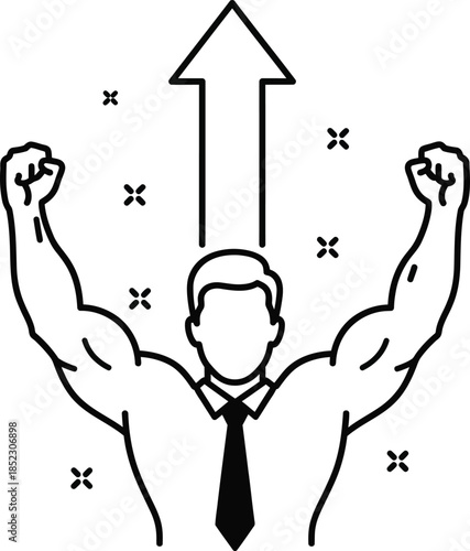 A powerful businessman flexing muscular arms with a large upward arrow symbolizing success and growth.