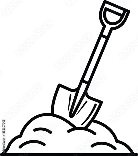 Black and white line art illustration of a Dhandle shovel stuck in a mound of dirt.