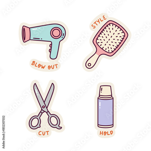 Hairdressing Tools Stickers - Cute Hair Dryer, Brush, Scissors, and Hairspray.