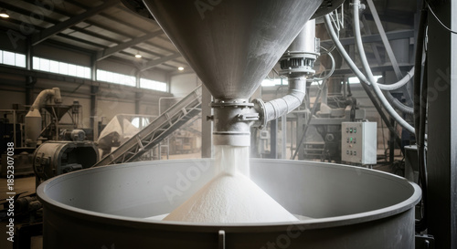 Industrial powder processing system filling large metal container with fine white material in modern factory facility, automated bulk handling equipment operating in spacious production hall