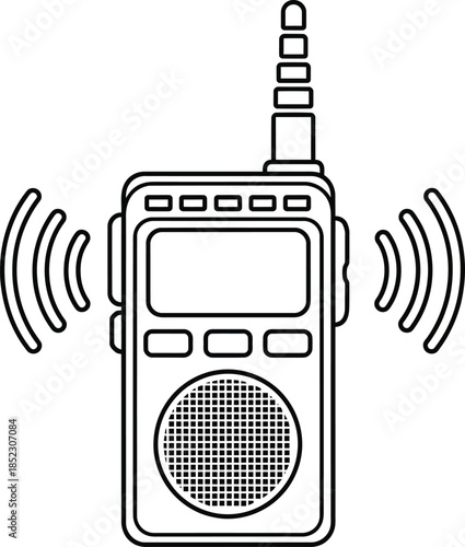 Black and white line art illustration of a walkietalkie radio transmitting a signal with sound waves.