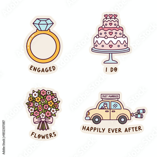 Wedding Stickers - Ring, Cake, Flowers, and Car for Celebrations.