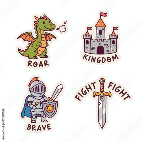 Cartoon Medieval Stickers - Dragon, Castle, Knight, and Sword Illustrations.
