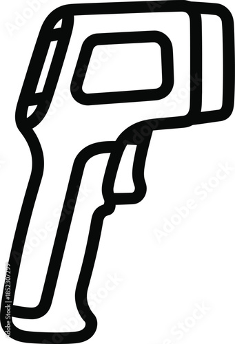 Bold black outline icon of a handheld noncontact infrared thermometer gun a simple line art illustration.