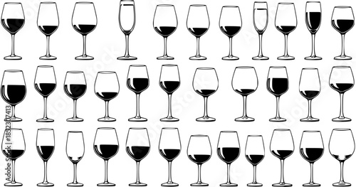 Collection of Black and White Wine Glasses and Champagne Flutes Icons - Food and Drink Stemware Glyph Set