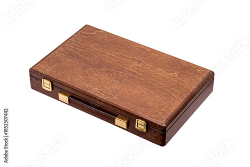 Elegant wooden briefcase with gold latches and leather handle isolated on white back