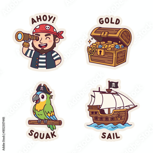 Pirate Adventure Stickers - Sailor, Treasure, Parrot, and Ship.
