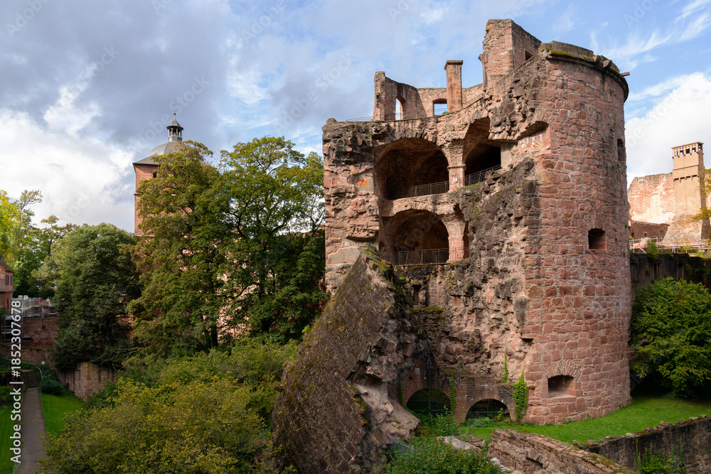 Fototapeta premium Historic Heidelberg Castle Ruins Baden Wurttemberg Germany. The ruins of an old tower at Heidelberg castle Baden Wurttemberg, Germany. 