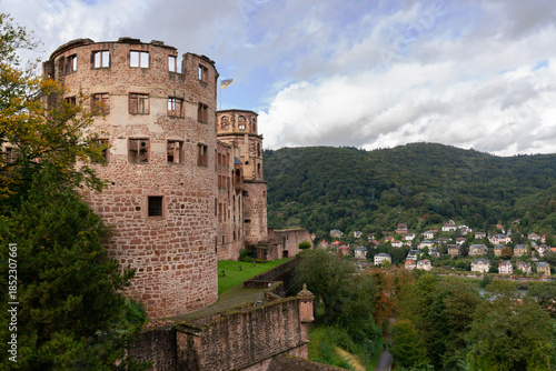 Historic Castle Tower over Heidelberg Germany.The ruins of an old tower at Heidelberg castle Baden Wurttemberg, Germany.
