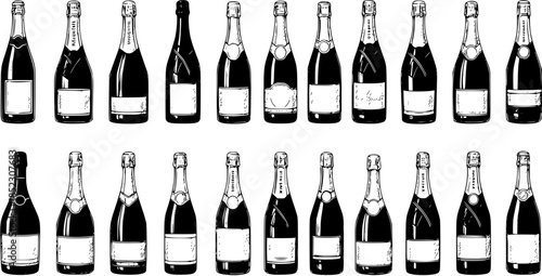 Black and White Line Art Illustration of Various Champagne Bottles, Elegant Beverage Vector