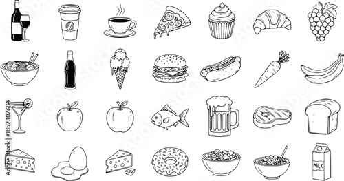 Food and Drink Line Art Icons Set. Hand-drawn Black and White Outline Collection of Meals, Beverages, Desserts, Fruits, and Vegetables for Culinary Design.