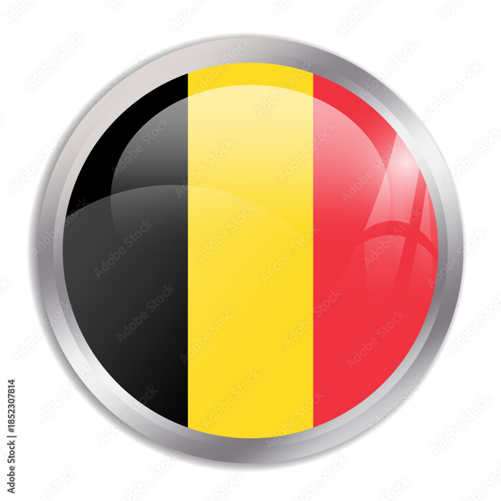 Fototapeta premium Belgium flag - glossy circle button in metal frame displays a colorful flag of a country cultural identity and heritage. The essence of national pride and unity.