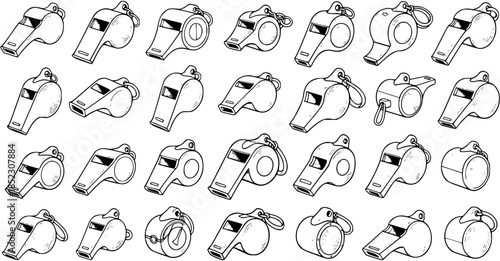 Black and White Line Art Collection of Various Sports Whistles, Vector Illustration