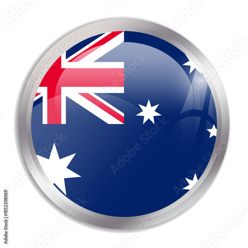 Australia flag - glossy circle button in metal frame displays a colorful flag of a country cultural identity and heritage. The essence of national pride and unity.