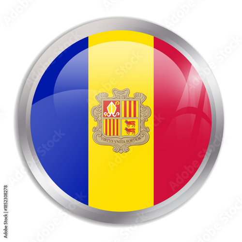 Free Download Andorra flag - glossy circle button in metal frame displays a colorful flag of a country cultural identity and heritage. The essence of national pride and unity. - GFXLoad