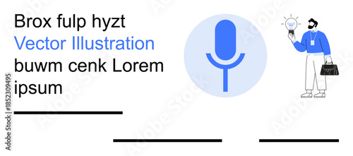 Communication, voice interfaces, innovation, creative thinking, technology, ideas generation. Central microphone icon with person holding light bulb. Communication and voice interfaces concept