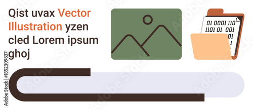 Digital organization, data storage, technology, file management, coding, digital tools. A folder with binary code and image icon. Data storage and file management concept