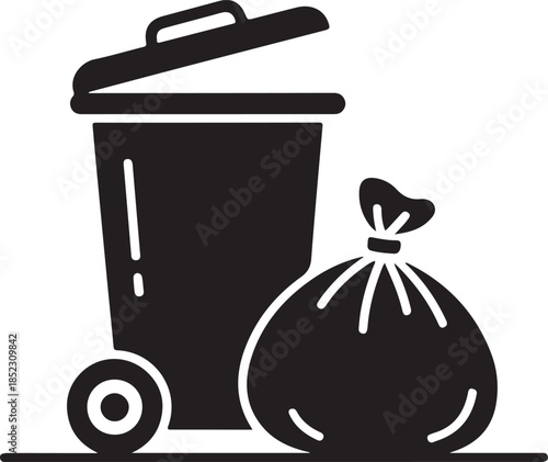 Black and white of a trash can with a tied garbage bag waste