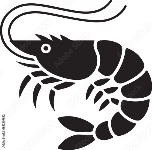 Black and white of a stylized shrimp with detailed legs and antennae crustacean seafood