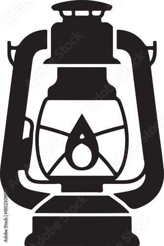 Black and white of an old-fashioned lantern with a triangular flame inside vintage